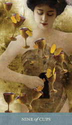 Artistic depiction of a woman with butterflies around wine glasses, titled 'Nine of Cups'.