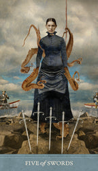 Futuristic woman with mechanical octopus arms standing on rocks with swords, against a cloudy sky.
