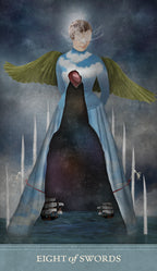 Artistic depiction of a tarot card titled 'Eight of Swords' with a figure in a long coat and hat standing in water.