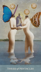 Artistic depiction of two figures holding bottles with butterflies, titled 'Three of Pentacles'.