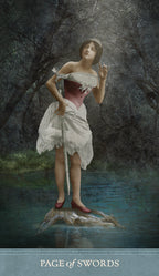 Artistic depiction of a woman in a white dress standing on a rock in water with a dark forest background.