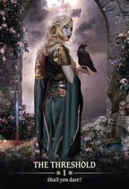 Gothic-style tarot card with a woman and raven in a mystical setting