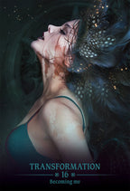 Artistic depiction of a woman with angelic wings against a starry night sky, titled 'Transformation 16: Becoming me'.