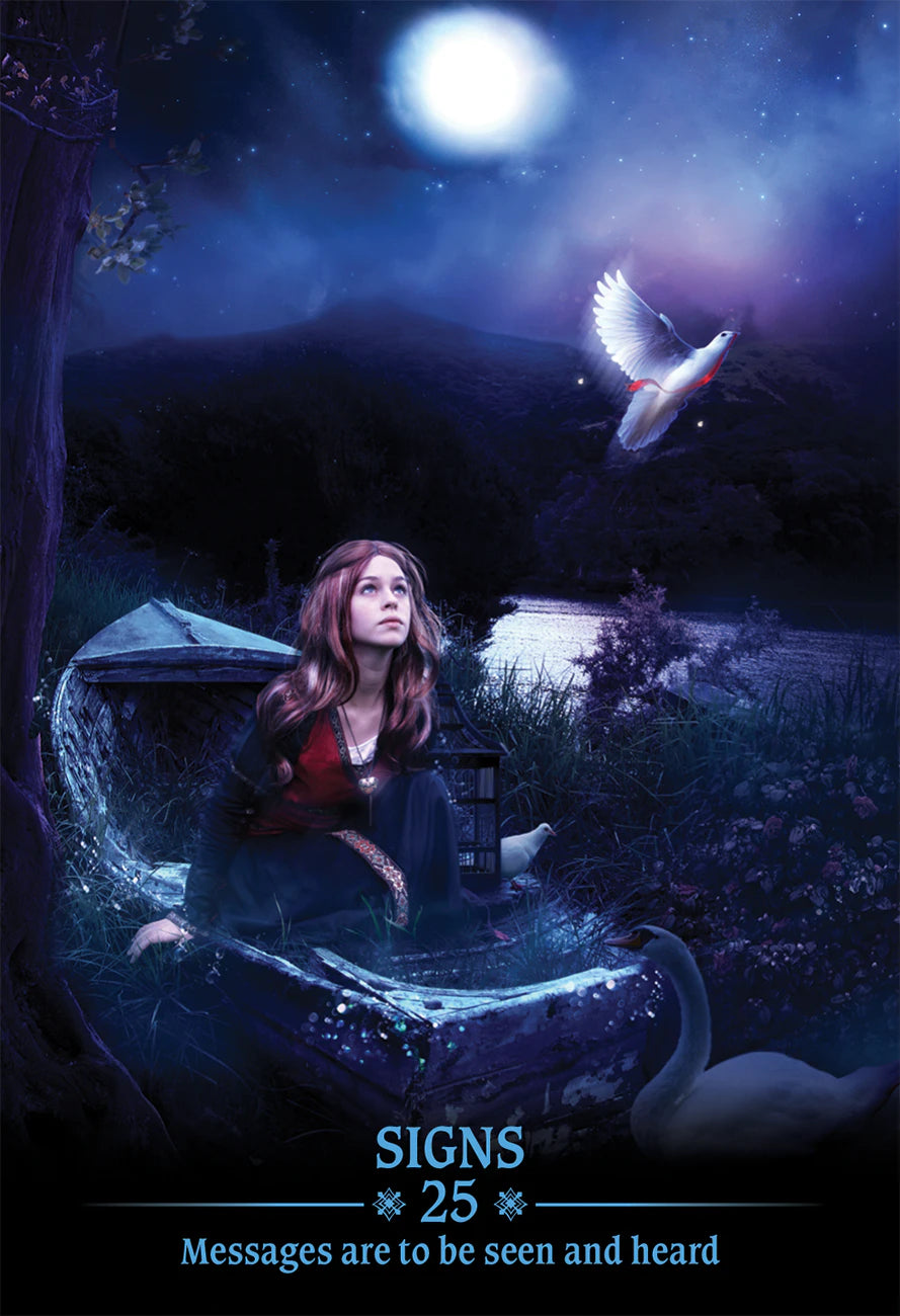Woman in a mystical forest with a dove and moonlit sky, featuring the text 'SIGNS 25 Messages are to be seen and heard'.