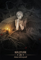 Gothic-style illustration of a woman with angel wings in a dark, mystical setting.