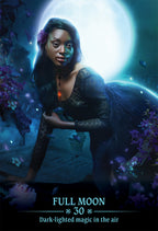 Woman in a dark dress with a full moon in the background, surrounded by flowers.