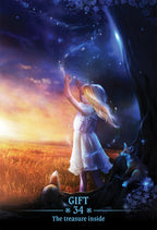 Illustration of a girl in a white dress reaching towards a glowing blue light in a mystical landscape.