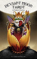 Cover of 'Deviant Moon Tarot' by Patrick Valenza with a stylized face and floral design.
