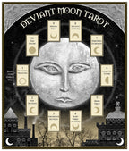 Deviant Moon Tarot cover with tarot cards around a moon face design.