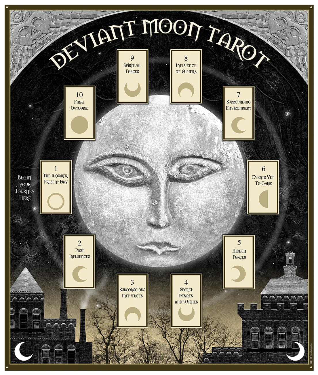Deviant Moon Tarot cover with tarot cards around a moon face design.