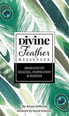 Book cover of 'Divine Feather Messenger' with peacock feathers on a white background