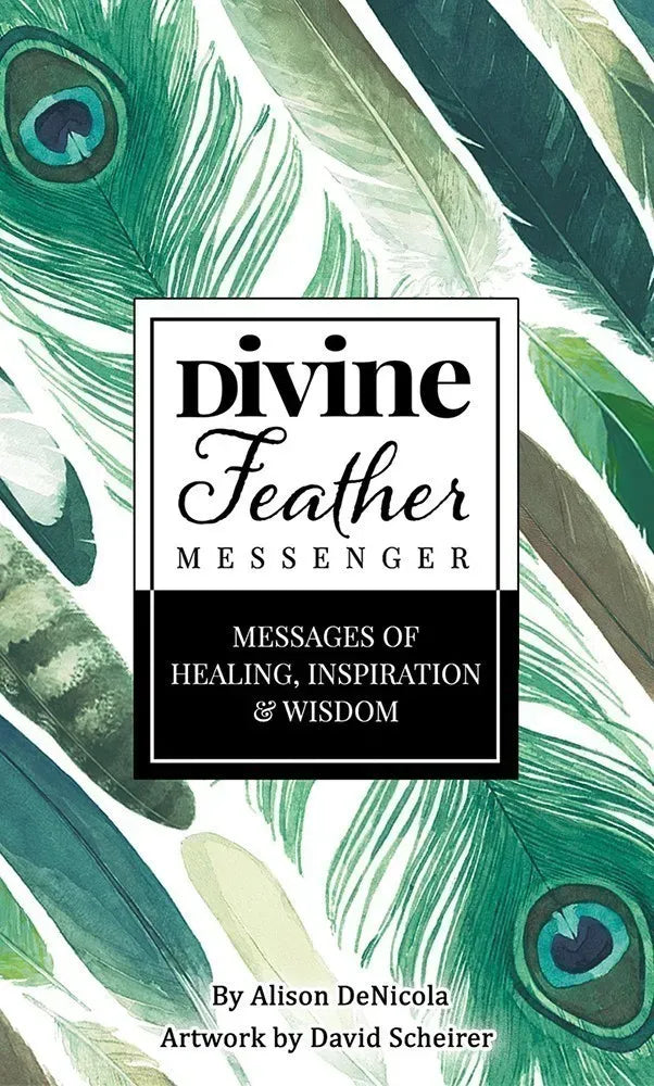 Book cover of 'Divine Feather Messenger' with peacock feathers on a white background