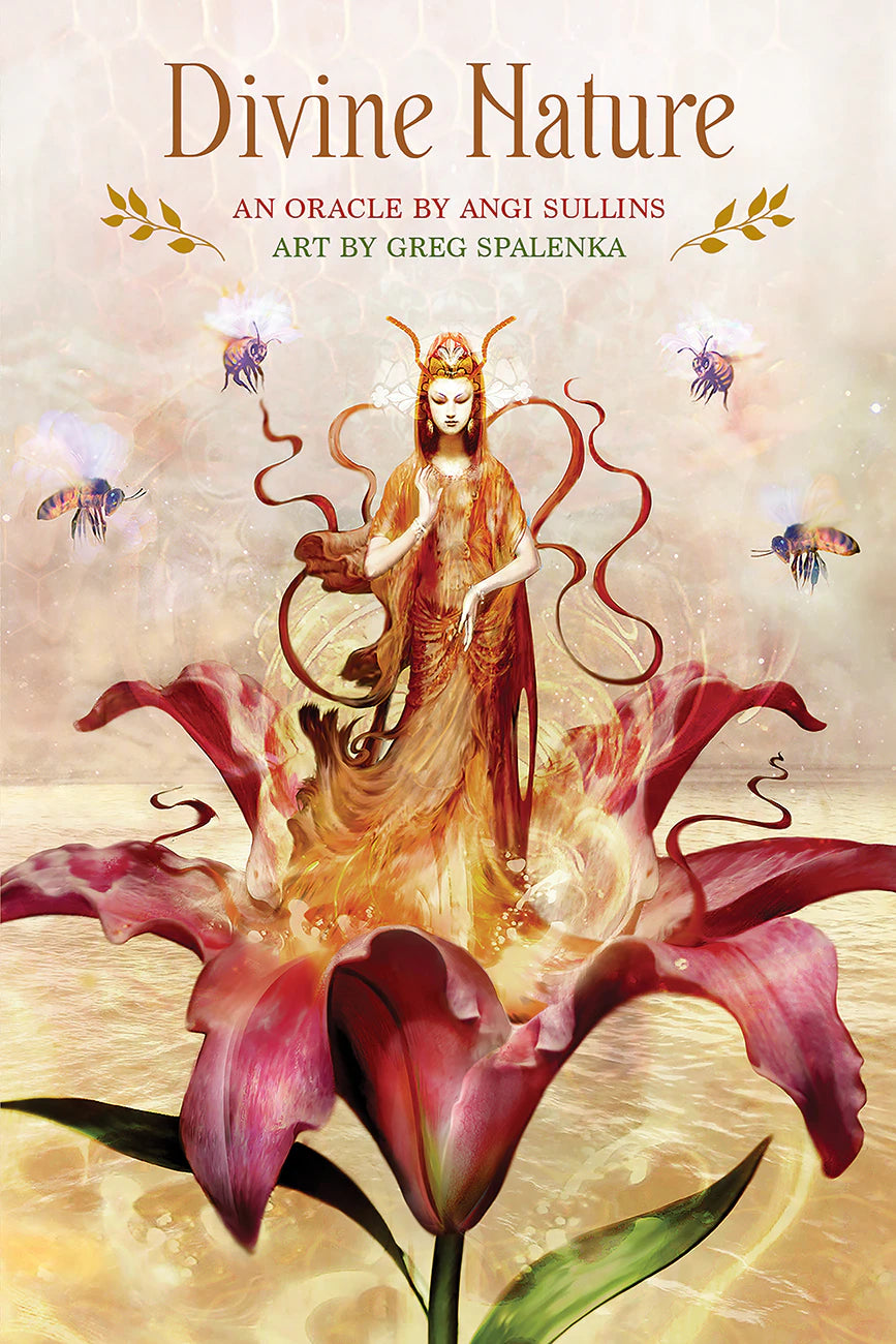 Book cover of 'Divine Nature' oracle with a figure on a flower and bees.