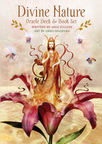 Book cover of 'Divine Nature' Oracle Deck & Book Set with a woman on a flower and bees.
