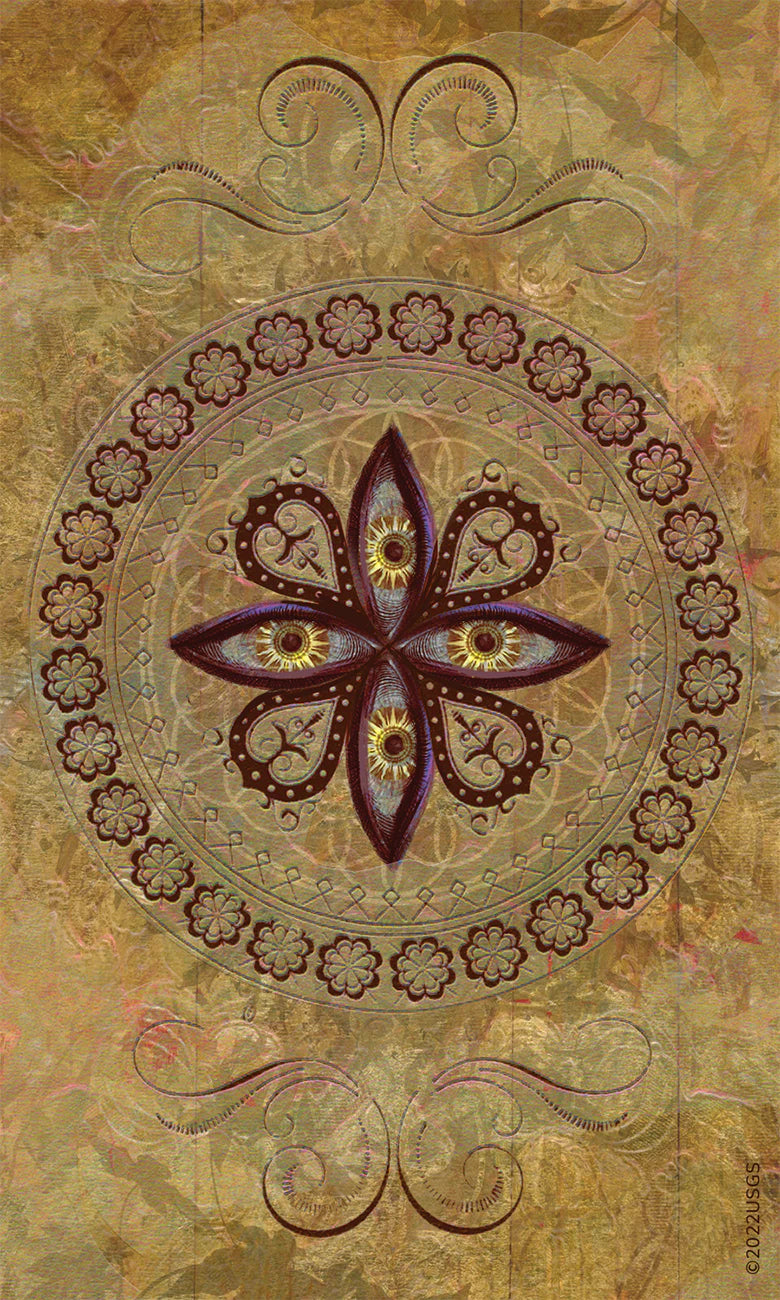 Decorative design with a central purple flower-like symbol on a textured brown background
