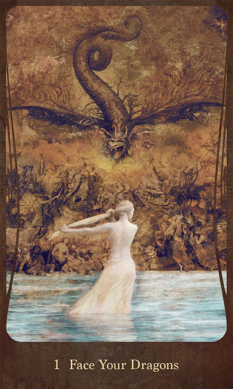 Card with a dragon and a person facing it, titled 'Face Your Dragons'.