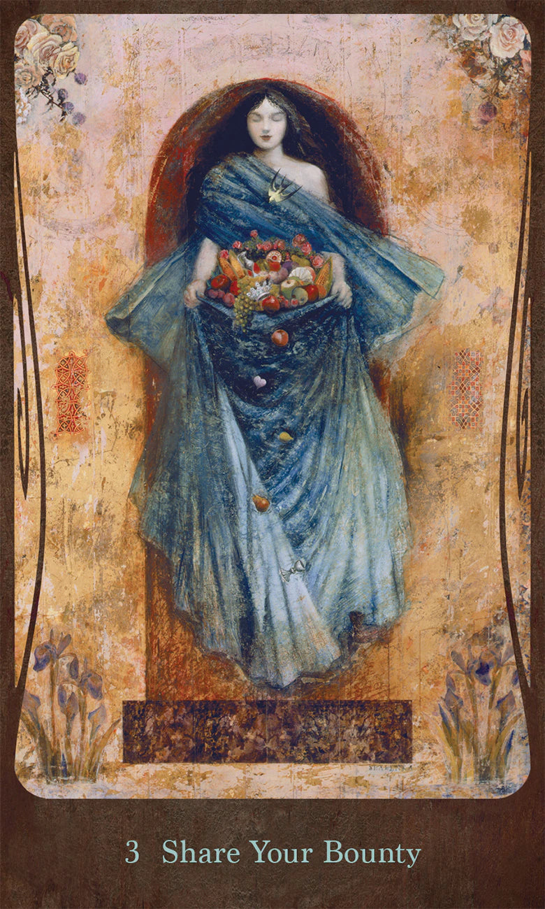 Card featuring a woman holding a basket of fruits and vegetables with 'Share Your Bounty' text.