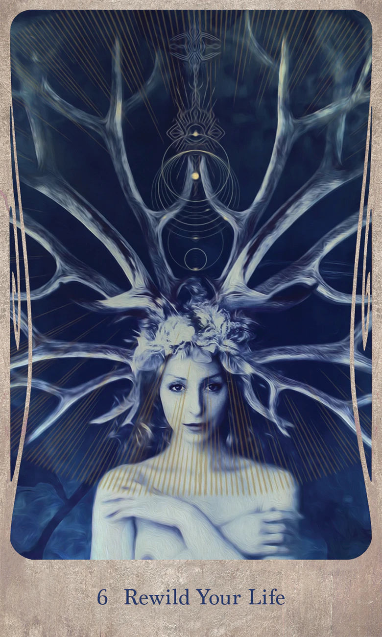 Tarot card with a woman and abstract design, titled 'Rewild Your Life'.