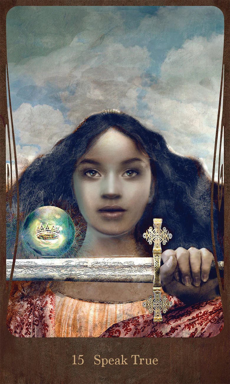 Card with a woman holding a sword and a crystal ball, titled 'Speak True'.