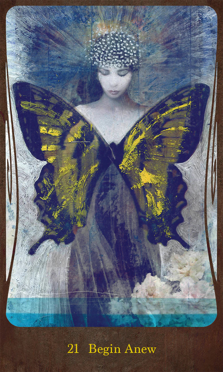 Card with a butterfly and woman design labeled '21 Begin Anew' on a textured background.