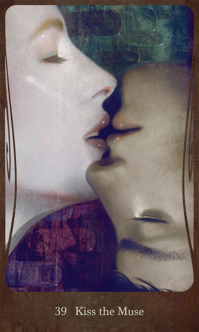 Artistic depiction of two faces close together with a textured background, labeled 'Kiss the Muse'.