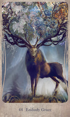 Stag with floral antlers on a mystical background, labeled 'Embody Grace'.
