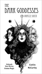 Book cover of 'The Dark Goddesses Oracle Deck' by Caitlin McCarthy featuring black and white illustration of a woman with floral crown.