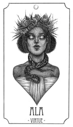Black and white illustration of a woman with a snake and floral crown, labeled 'ALA Virtue'.