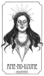 Illustration of a woman with a halo-like crown and the text 'Ame-no-Uzume' on a white background.