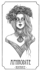 Illustration of a woman with a flower crown and the word 'Aphrodite' on a white background
