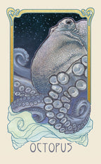 Illustration of an octopus with a decorative border on a beige background