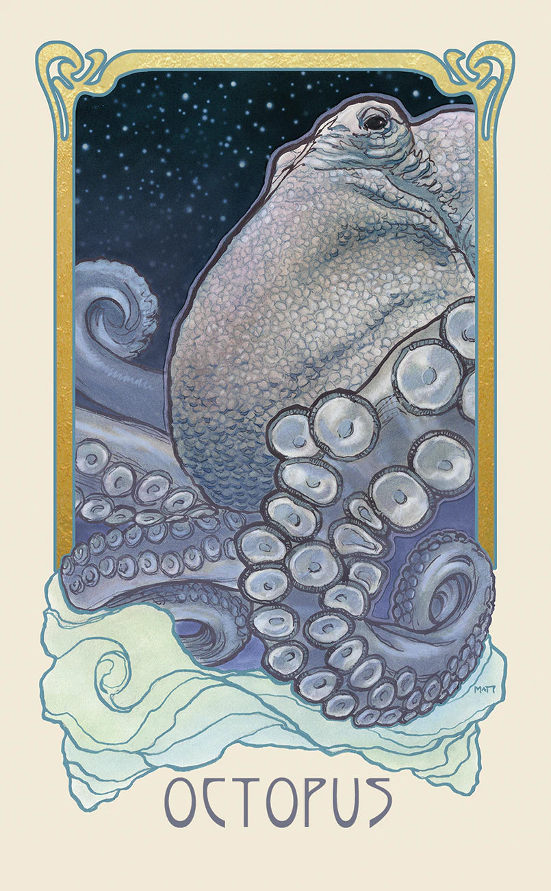 Illustration of an octopus with a decorative border on a beige background