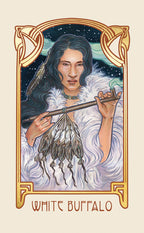 Illustration of a person holding a staff with feathers, framed in Art Nouveau style on a beige background.