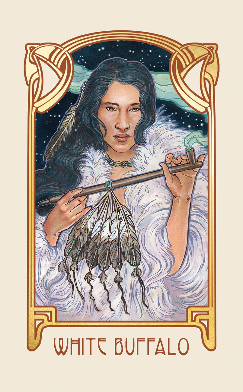 Illustration of a person holding a staff with feathers, framed in Art Nouveau style on a beige background.