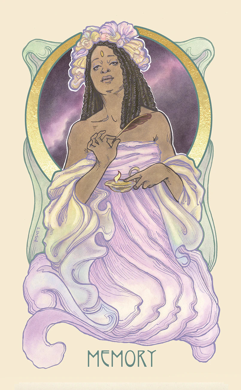 Artistic depiction of a woman in a flowing dress with decorative elements, labeled 'Memory'.
