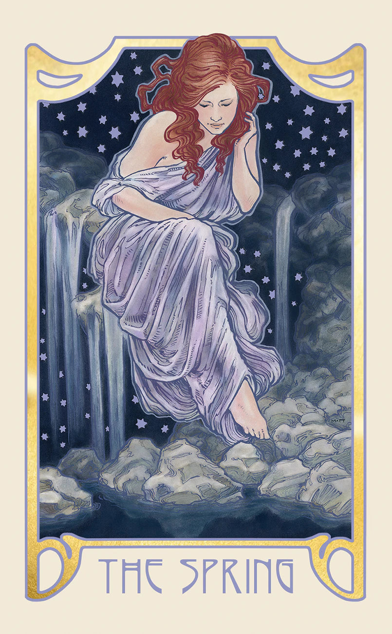 Card titled 'The Spring' featuring a woman in a flowing dress by a waterfall with stars in the background.