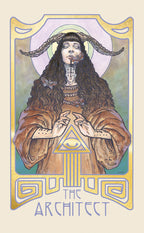 Artistic depiction of a figure labeled 'The Architect' with long hair and a robe, set against a decorative border.