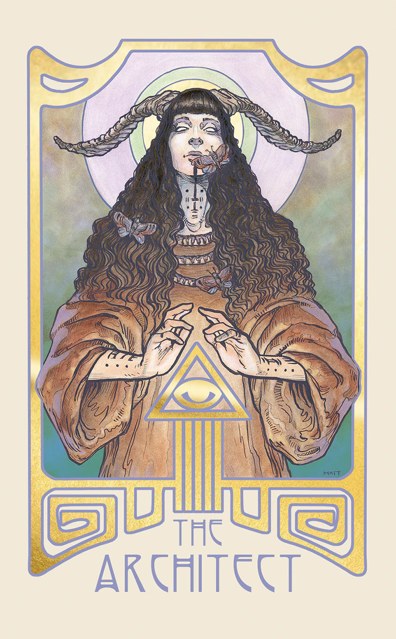 Artistic depiction of a figure labeled 'The Architect' with long hair and a robe, set against a decorative border.