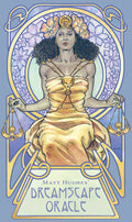 Artistic depiction of a woman in a gold dress with floral elements and 'Dreamscape Oracle' text.