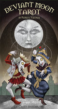 Cover of 'Deviant Moon Tarot' by Patrick Valenza with two figures and a moon face.