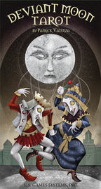 Cover of 'Deviant Moon Tarot' by Patrick Valenza with two figures and a moon face.