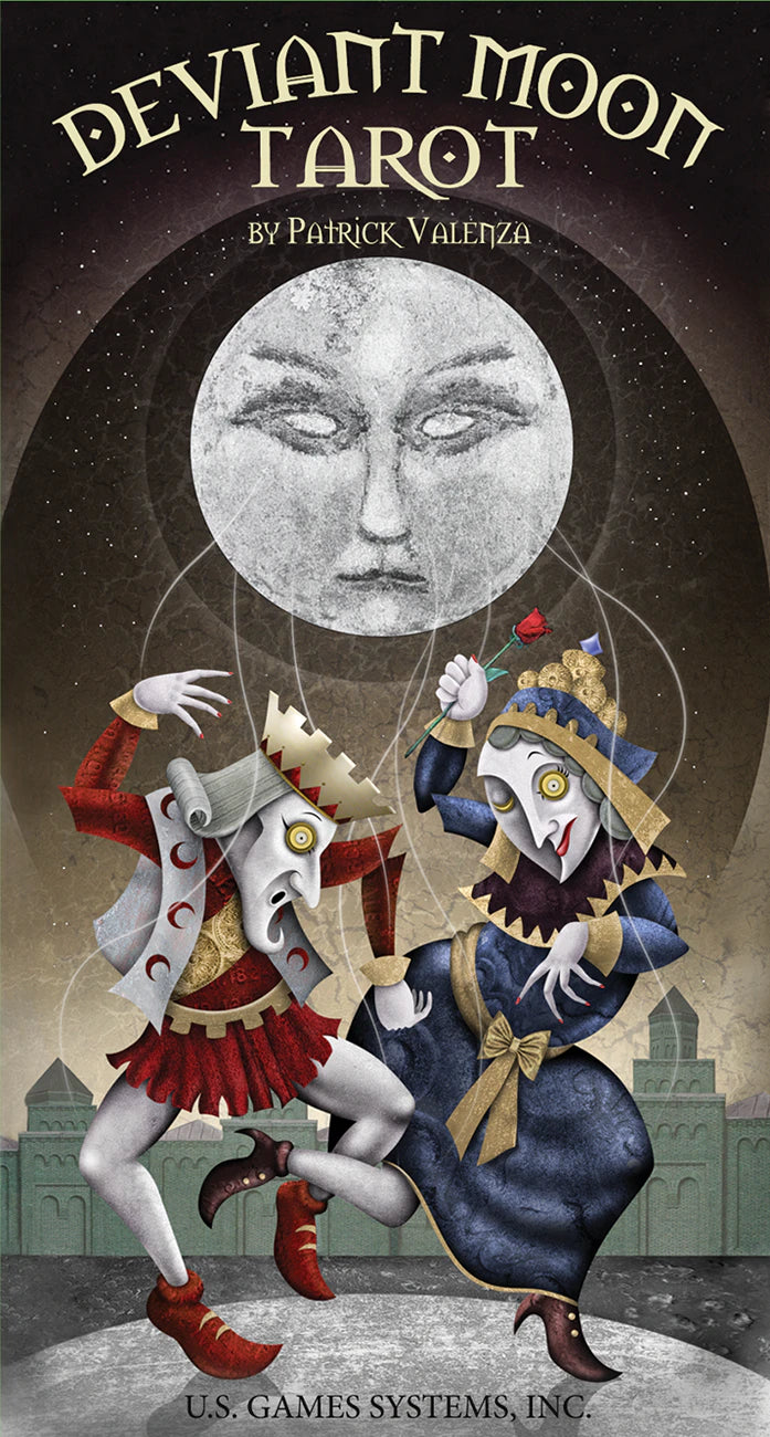 Cover of 'Deviant Moon Tarot' by Patrick Valenza with two figures and a moon face.