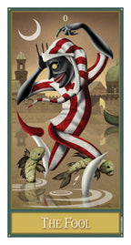 Tarot card featuring 'The Fool' with a stylized figure in a striped robe and fish-like creatures.