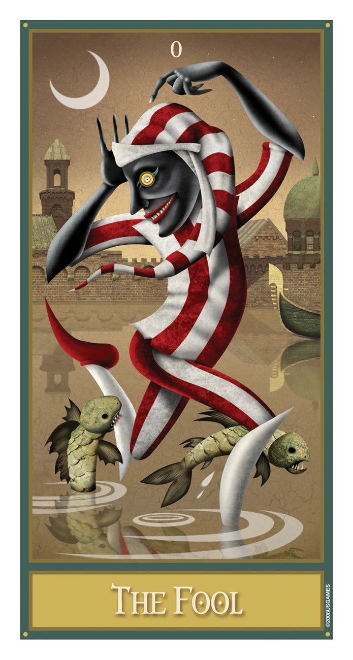 Tarot card featuring 'The Fool' with a stylized figure in a striped robe and fish-like creatures.