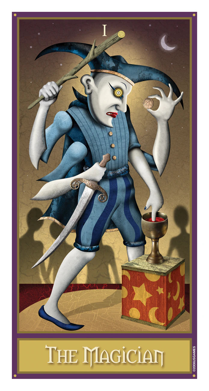 Tarot card featuring 'The Magician' with a stylized figure holding a sword and a cup, set against a starry night sky.