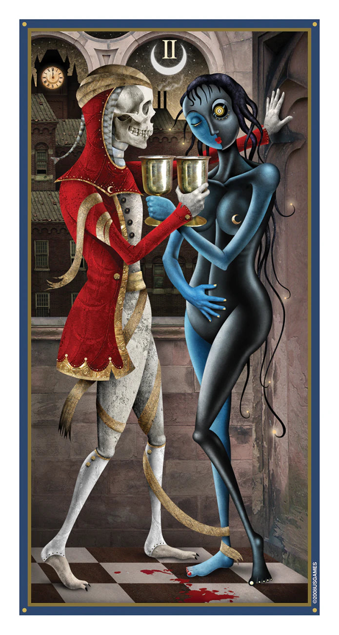 Artistic depiction of a skeleton and a blue-skinned figure in a classical setting with a clock and architectural elements.