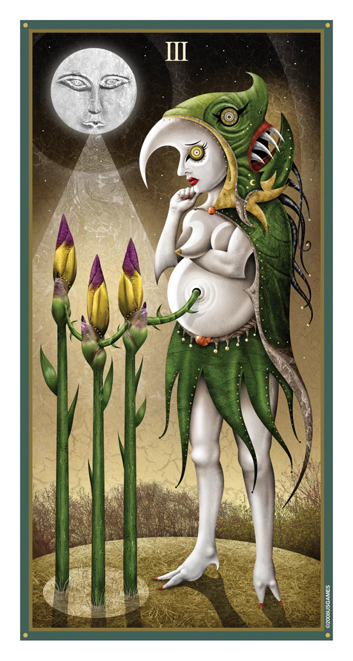 Tarot card with a stylized figure, flowers, and moon symbol
