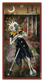 Tarot card with a skeleton holding a sword, surrounded by red flowers and a crescent moon.