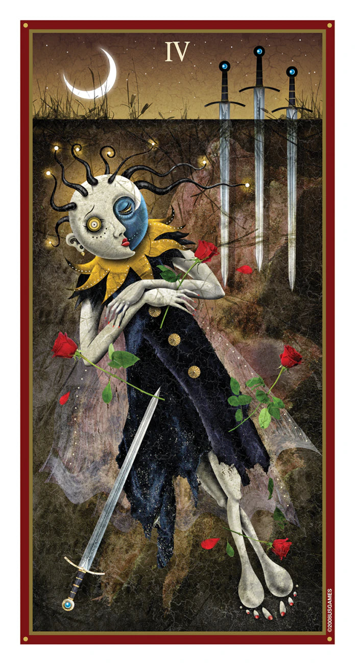 Tarot card with a skeleton holding a sword, surrounded by red flowers and a crescent moon.