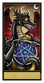 Dragon holding a pentacle symbol with 'Ace of Pentacles' text on a tarot card style background.